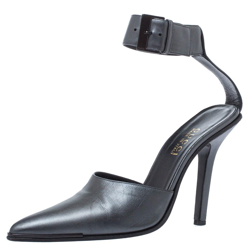 Gucci Heels Women 6B Black Leather Ankle Strap Pointed Toe Stiletto Dress Shoes